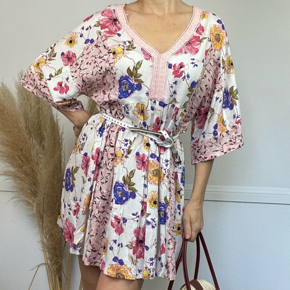 NWT Boho Mixed Floral Print Babydoll  Lace Mini Dress Patch Ivory Blush Summer - Picture 11 of 16